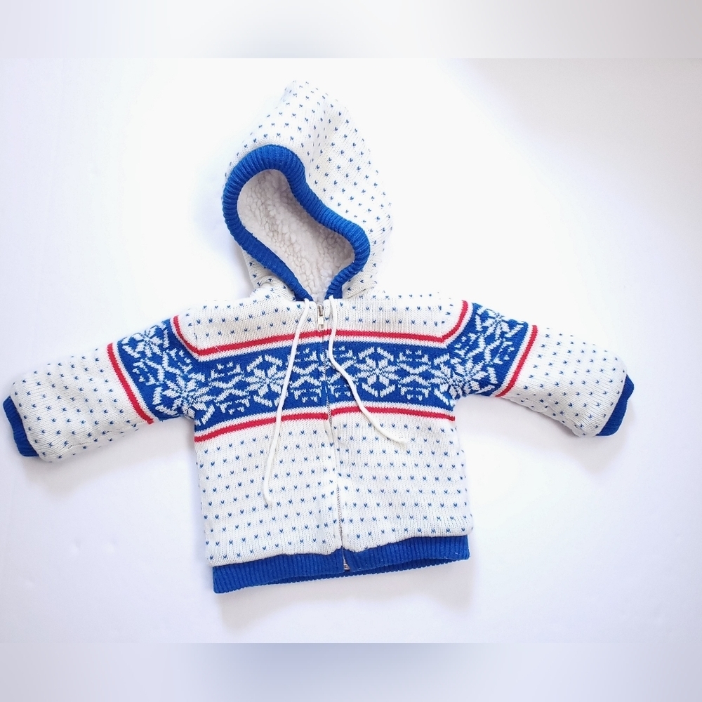 A Tiny Tots Red White Blue Sherpa Acrylic Cardigan Sweater Vintage 24 months
